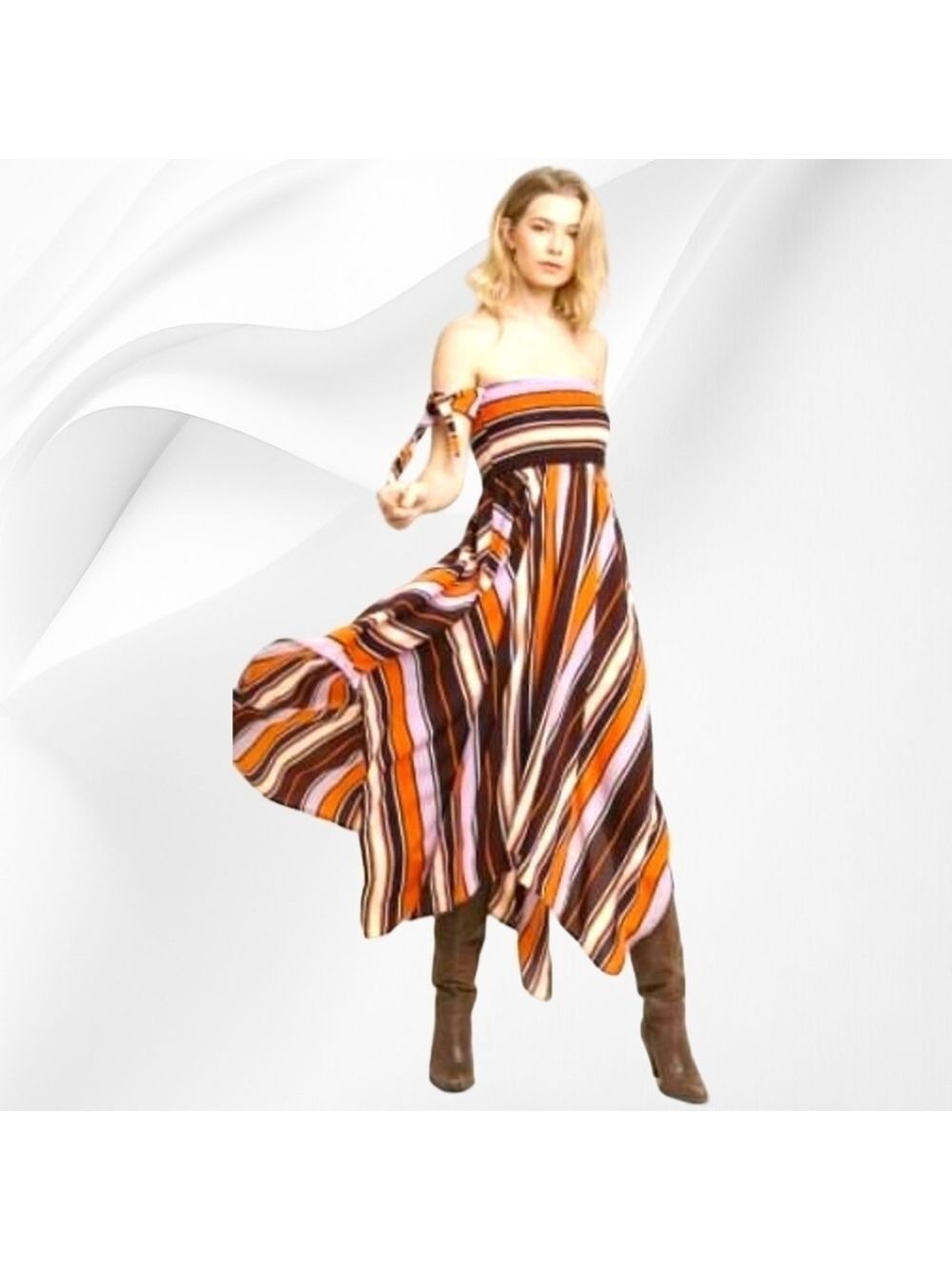 UMGEE Brown & Pink Striped Smocked Off-Shoulder Asymmetrical Dress - Picture 2 of 5